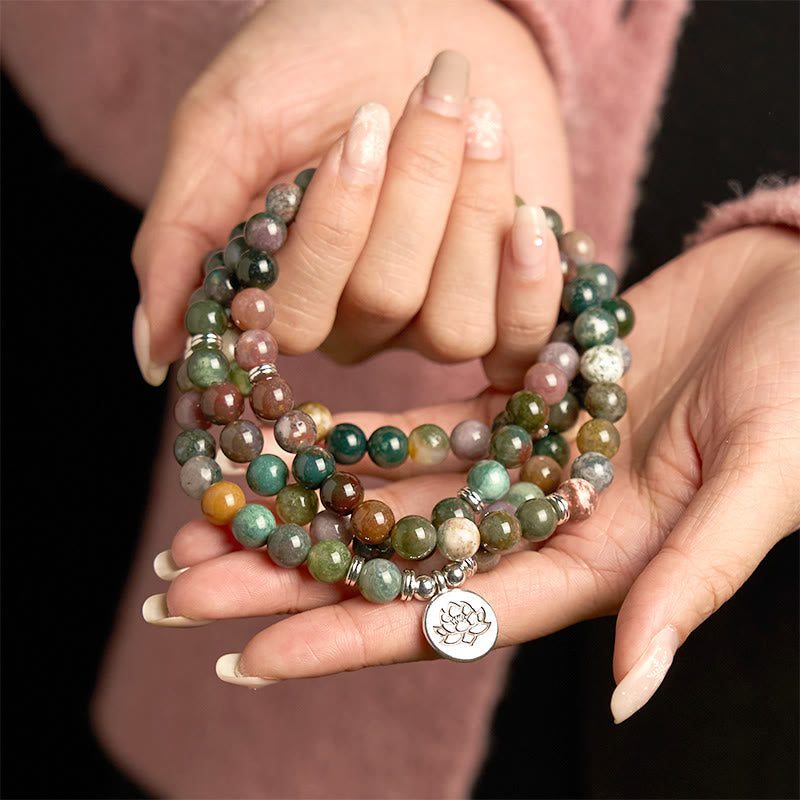 KarmaRipple's 108 Mala Beadwork Authentic Stone Indian Agate Lotus Calm Bracelet p5