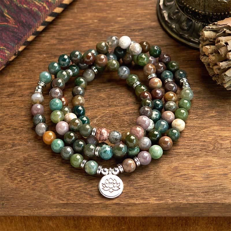 KarmaRipple's 108 Mala Beadwork Authentic Stone Indian Agate Lotus Calm Bracelet p1