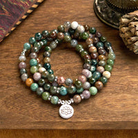 KarmaRipple's 108 Mala Beadwork Authentic Stone Indian Agate Lotus Calm Bracelet