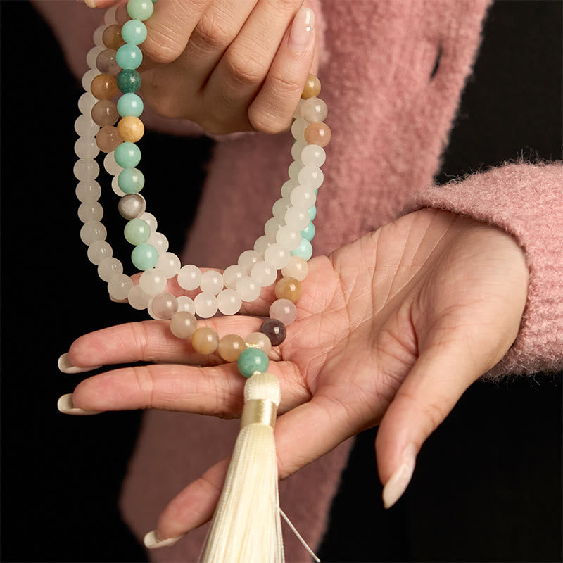 KarmaRipple's 108 Mala Beadwork Authentic Ivory Jade Amazonite Ivory Tassel Balancing Bracelet p8