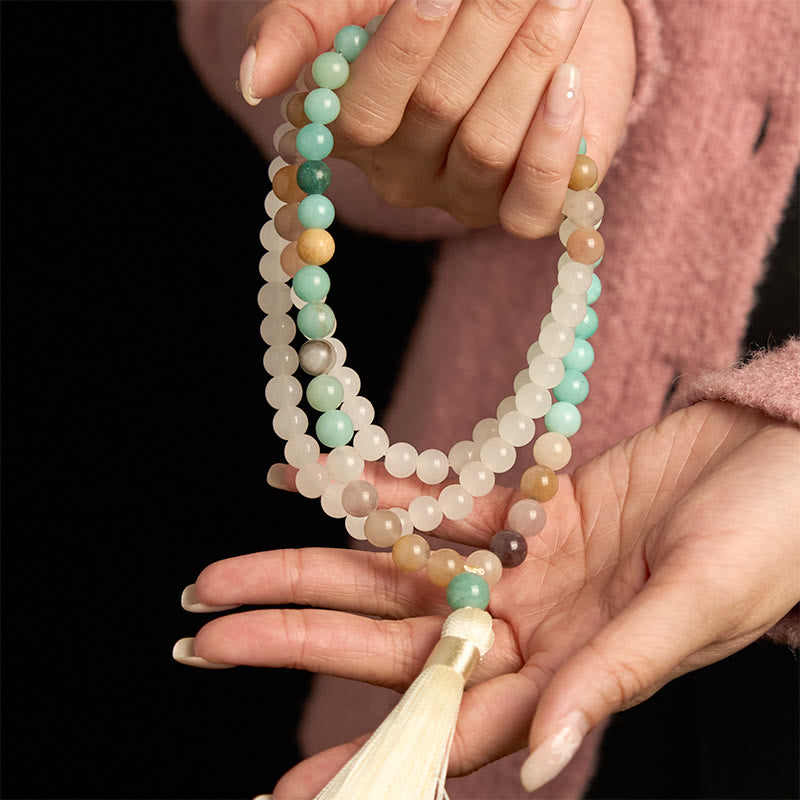 KarmaRipple's 108 Mala Beadwork Authentic Ivory Jade Amazonite Ivory Tassel Balancing Bracelet p4