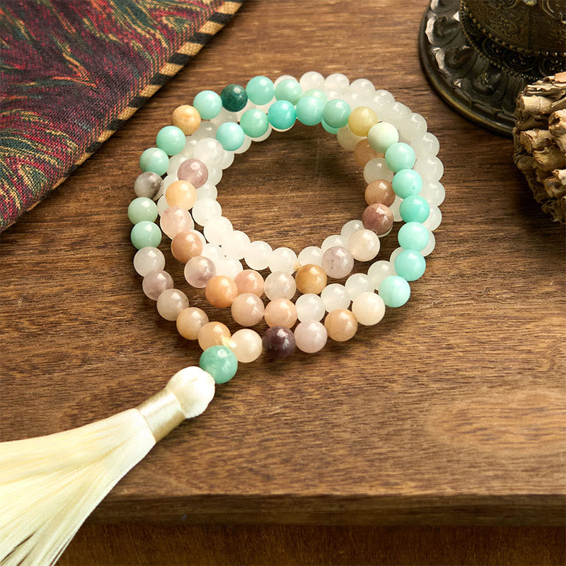 KarmaRipple's 108 Mala Beadwork Authentic Ivory Jade Amazonite Ivory Tassel Balancing Bracelet p7