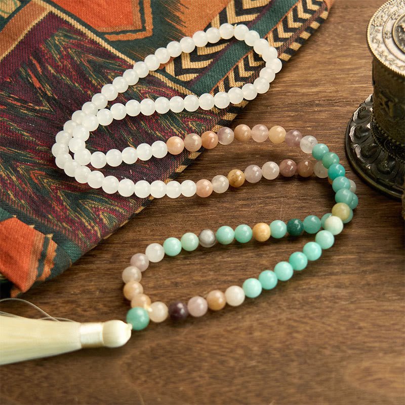 KarmaRipple's 108 Mala Beadwork Authentic Ivory Jade Amazonite Ivory Tassel Balancing Bracelet p5
