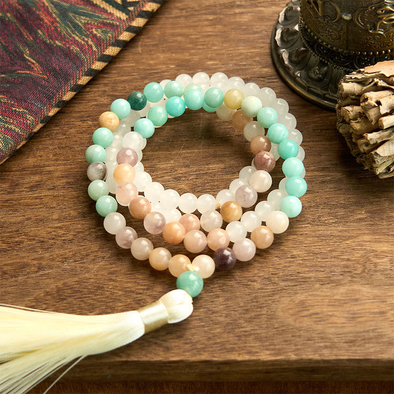 KarmaRipple's 108 Mala Beadwork Authentic Ivory Jade Amazonite Ivory Tassel Balancing Bracelet p6