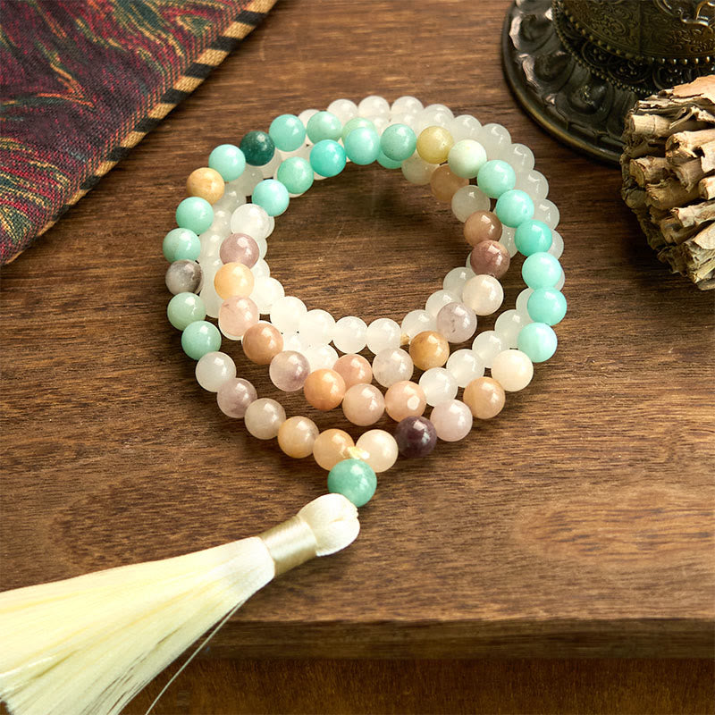 KarmaRipple's 108 Mala Beadwork Authentic Ivory Jade Amazonite Ivory Tassel Balancing Bracelet p13