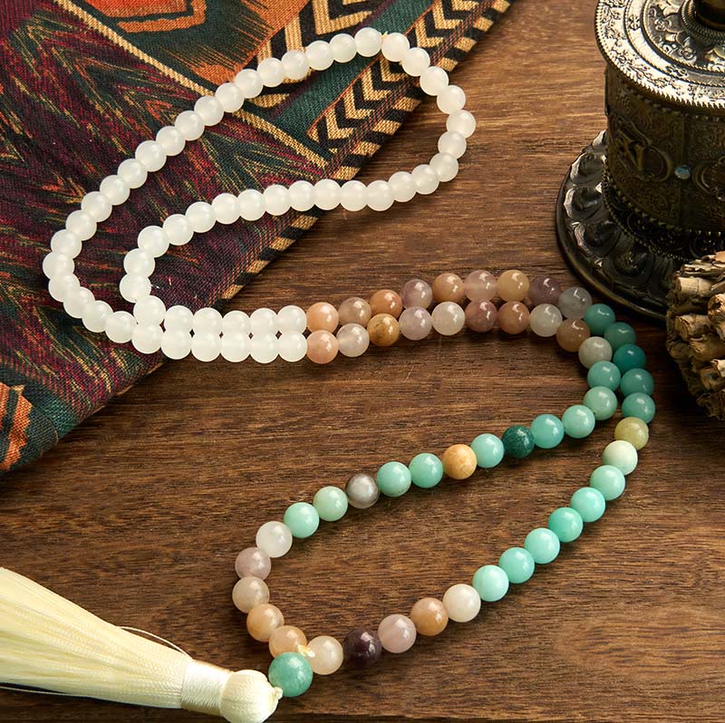 KarmaRipple's 108 Mala Beadwork Authentic Ivory Jade Amazonite Ivory Tassel Balancing Bracelet p2