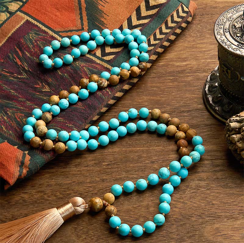 KarmaRipple's 108 Mala Beadwork Turquoise Picture Jasper Bead Tassel Balance Bracelet p2