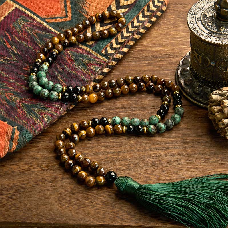 KarmaRipple's 108 Mala Authentic Stone Tiger Eye Turquoise Beadwork Tassel Protection Bracelet p2