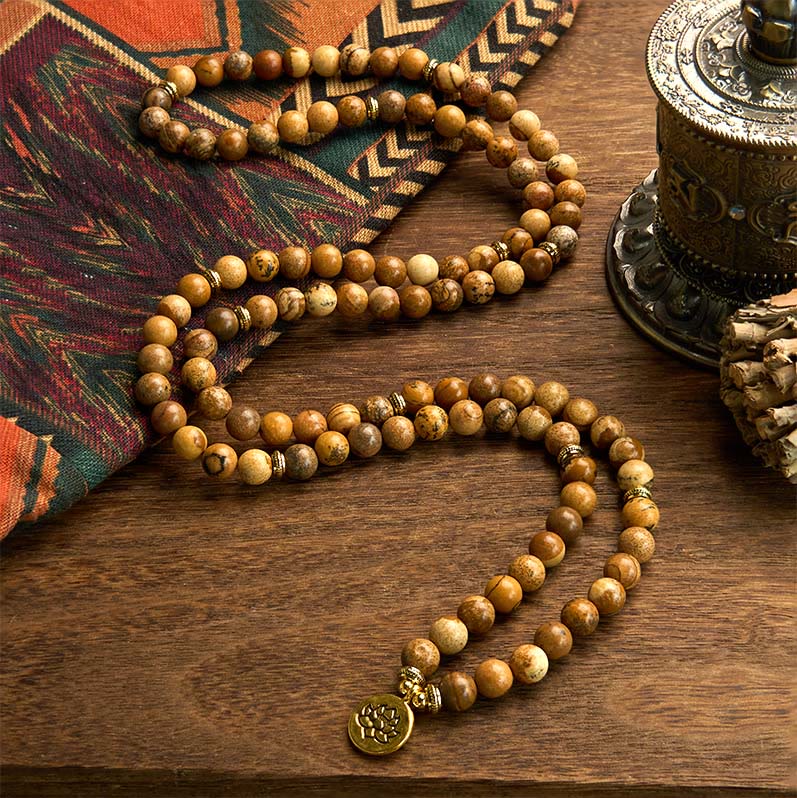 KarmaRipple's 108 Beadwork Picture Jasper Mala Lotus Courage Bracelet p2