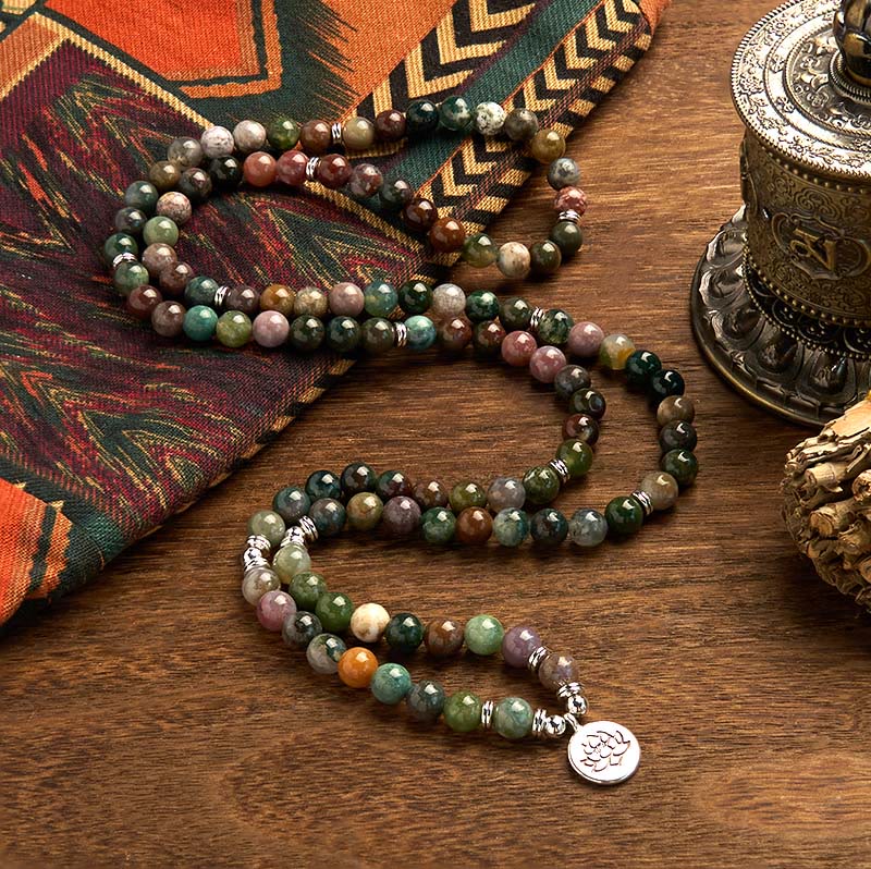 KarmaRipple's 108 Mala Beadwork Authentic Stone Indian Agate Lotus Calm Bracelet p2