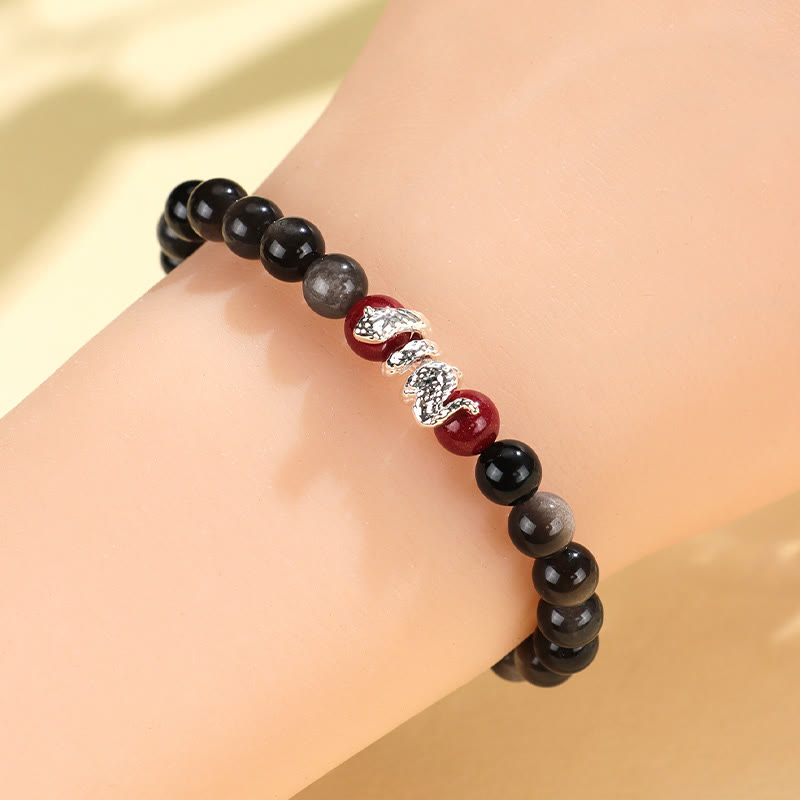 KarmaRipple's Silver Sheen Obsidian Cinnabar Bronze Year of the Snake Protection Bracelet p3