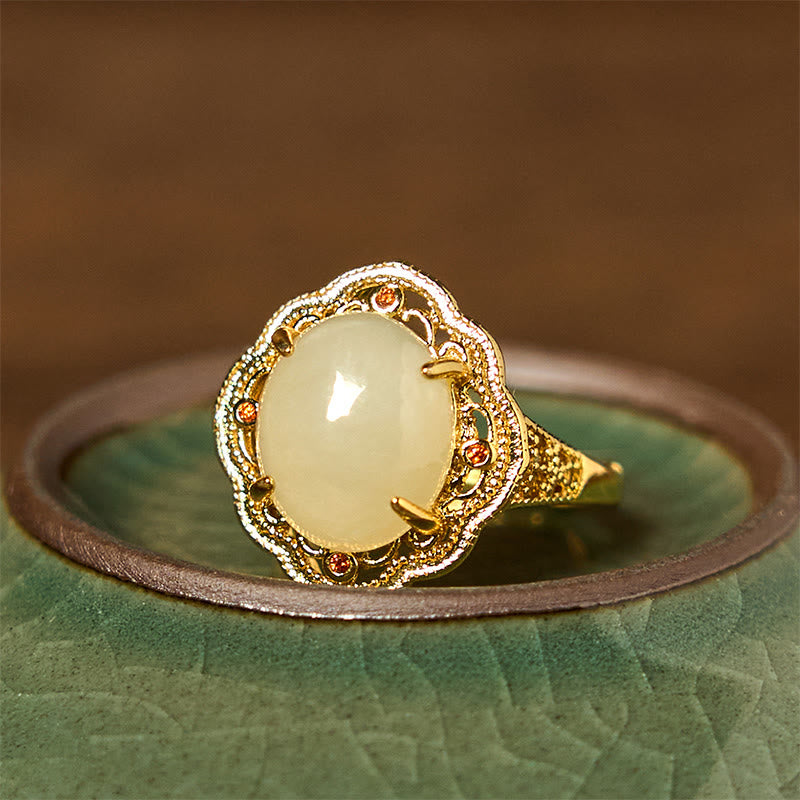KarmaRipple's Authentic Hetian Jade Vintage Egg Bronze Open Fortune Ring p2