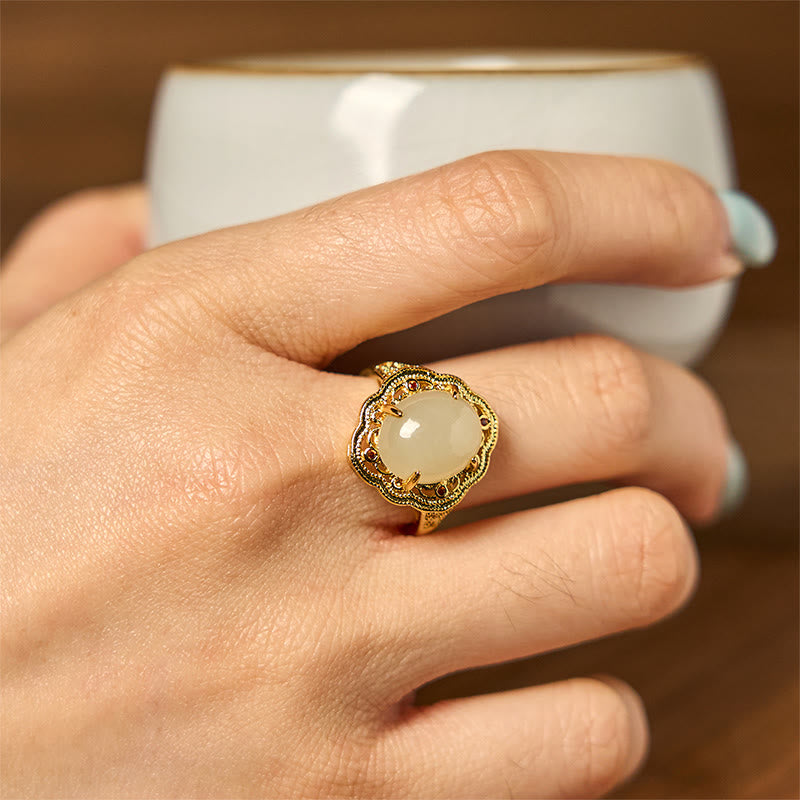 KarmaRipple's Authentic Hetian Jade Vintage Egg Bronze Open Fortune Ring p4