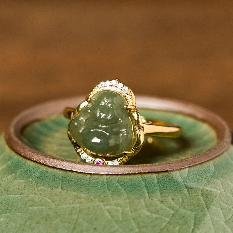 KarmaRipple's Authentic Hetian Jade Egg Gourd Bronze Laughing Buddha Open Fortune Ring p2