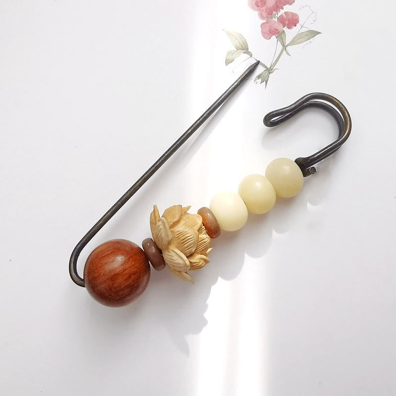 KarmaRipple's Vintage Bodhi Seed Boxwood Lotus Sandalwood Bead Peace Brooch p4