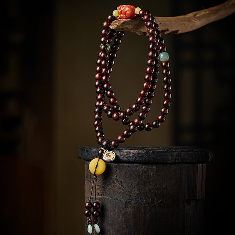 KarmaRipple's Chinese Zodiac Natal Buddha 108 Mala Beadwork Small Leaf Red Sandalwood Red Agate PiXiu Protection Bracelet p10