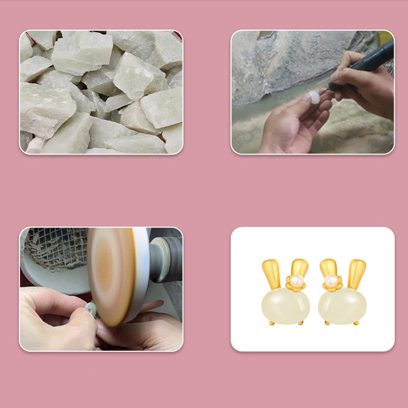 KarmaRipple's 925 Sterling Silver Authentic Hetian Jade Cute Rabbit Pearl Abundance Earrings p10