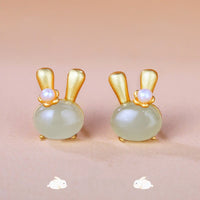 KarmaRipple's 925 Sterling Silver Authentic Hetian Jade Cute Rabbit Pearl Abundance Earrings
