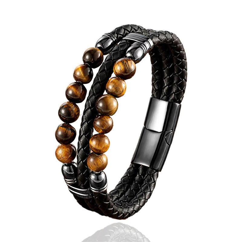 KarmaRipple's Tiger Eye Hematite Lava Rock Black Onyx Lazurite Beadwork Protection Strength Leather Bracelet p15