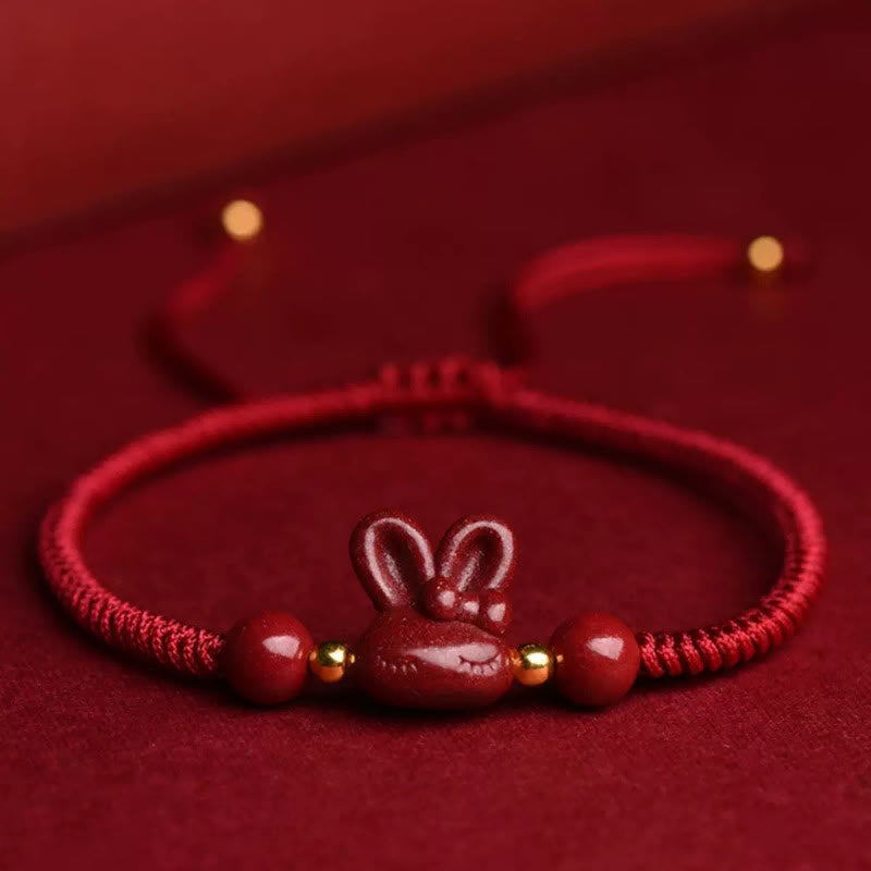 KarmaRipple's Handmade Cinnabar Chinese Zodiac Rabbit Fortune Red Rope Bracelet p1