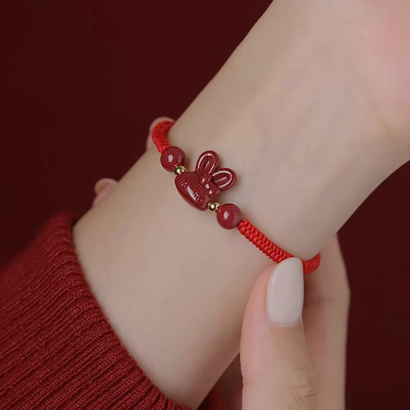 KarmaRipple's Handmade Cinnabar Chinese Zodiac Rabbit Fortune Red Rope Bracelet p12