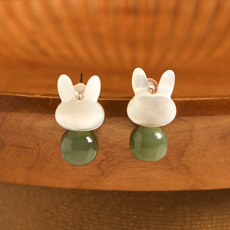 KarmaRipple's Tridacna Stone Cute Rabbit Hetian Jade Fortune Earrings p1