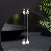 KarmaRipple's 925 Sterling Silver Zircon Pearl Bamboo Leaves Protection Drop Earrings