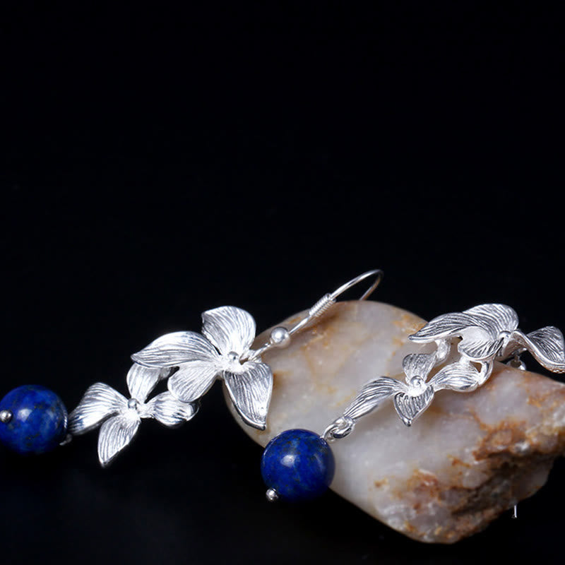 KarmaRipple's 925 Sterling Silver Lazurite Ethnic Style Flower Positive Drop Earrings p2
