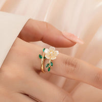 KarmaRipple's Pearl Flower Zircon Leaves Happiness Wealth Adjustable Ring