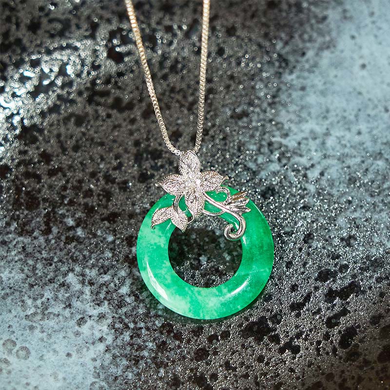 KarmaRipple's Cyan Jade Peace Buckle Alloy Flower Balancing Fortune Pendant Necklace p16