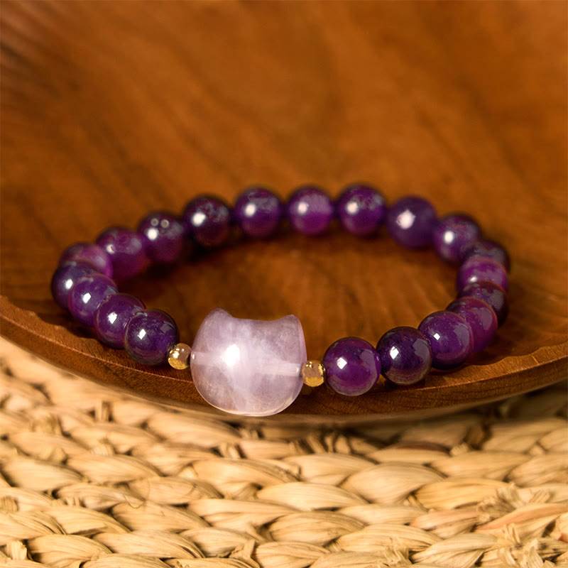 KarmaRipple's Amethyst Green Aventurine Rose Quartz Fluorite Cat Head Balance Fortune Bracelet p1