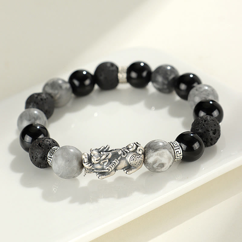 KarmaRipple's 999 Sterling Silver PiXiu Black Onyx Grey Jasper Lava Rock Protection Bracelet p1