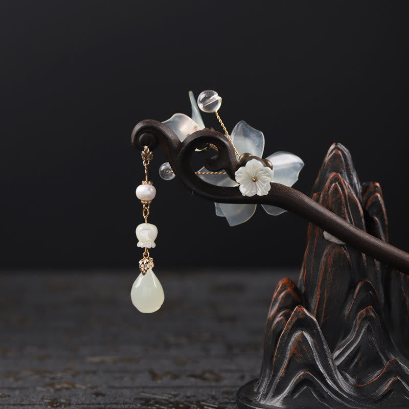 KarmaRipple's Ebony Jade Shell Magnolia Tassel Blessing Hairpin p4