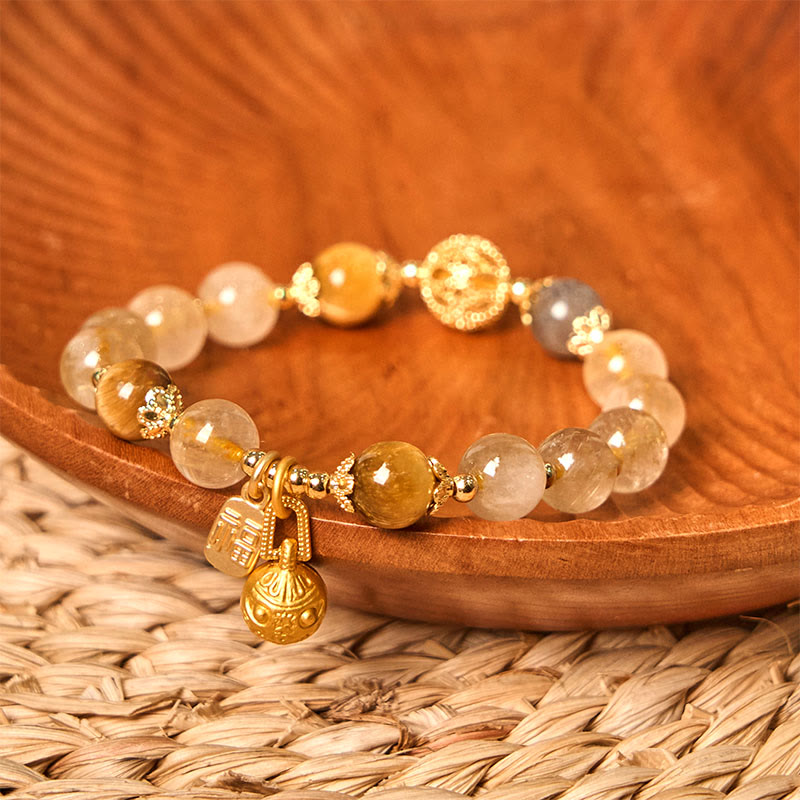 KarmaRipple's Authentic Rutilated Quartz Fu Character Metal Swallowing Beast Auspiciousness Bracelet p3