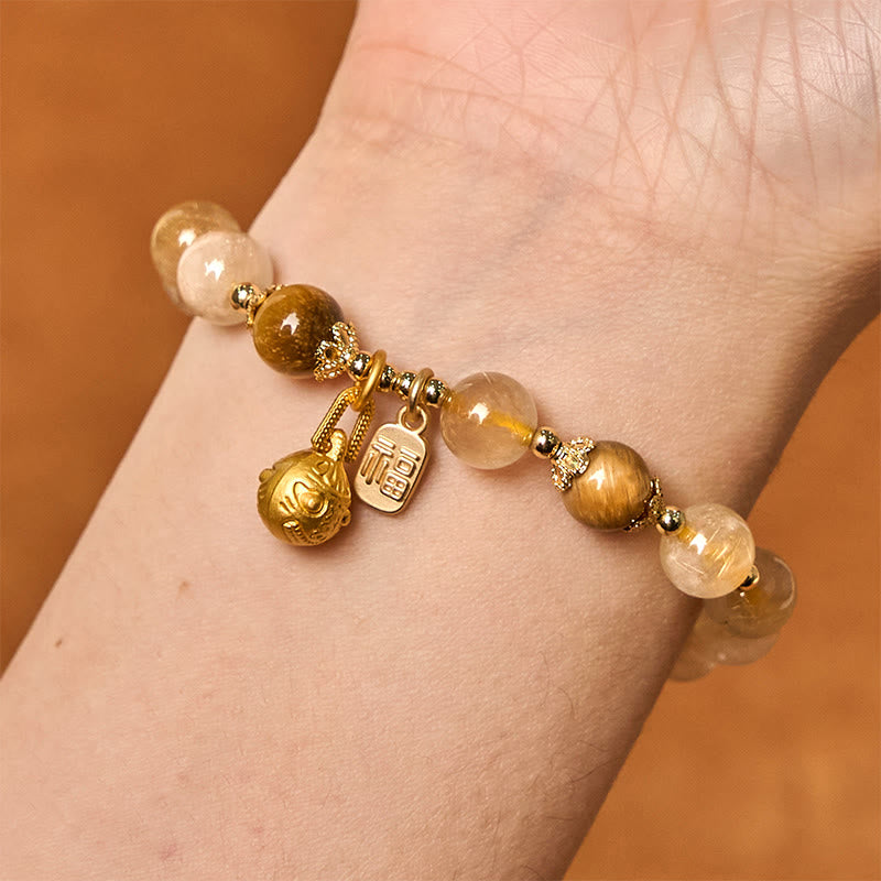 KarmaRipple's Authentic Rutilated Quartz Fu Character Metal Swallowing Beast Auspiciousness Bracelet p5