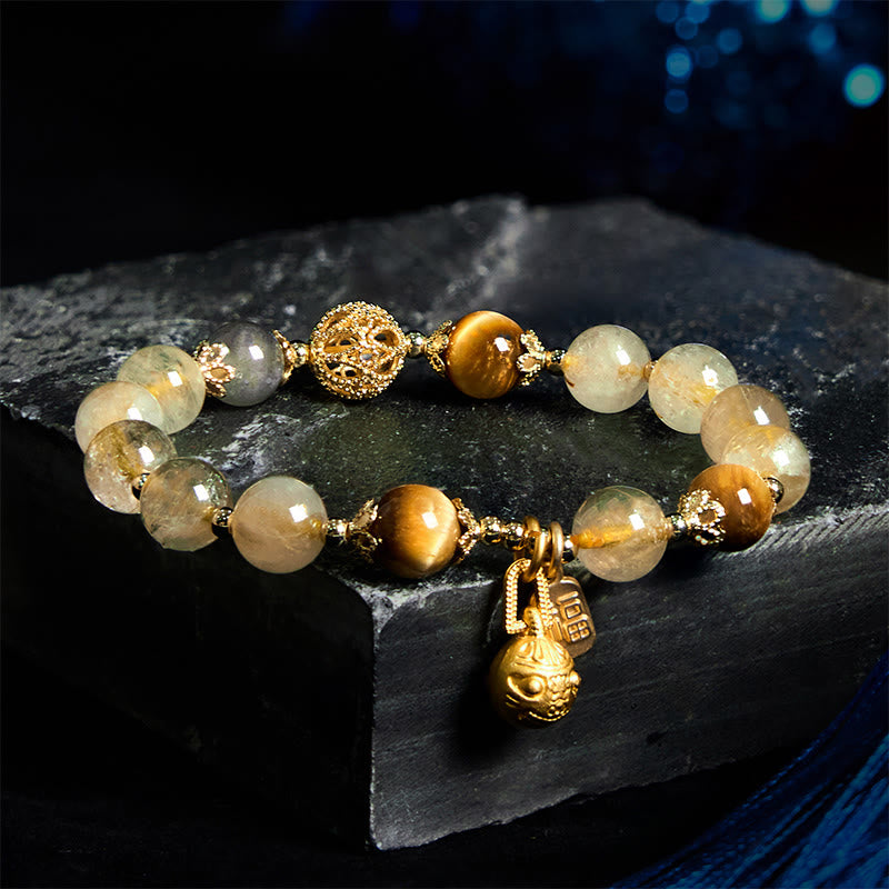 KarmaRipple's Authentic Rutilated Quartz Fu Character Metal Swallowing Beast Auspiciousness Bracelet p2