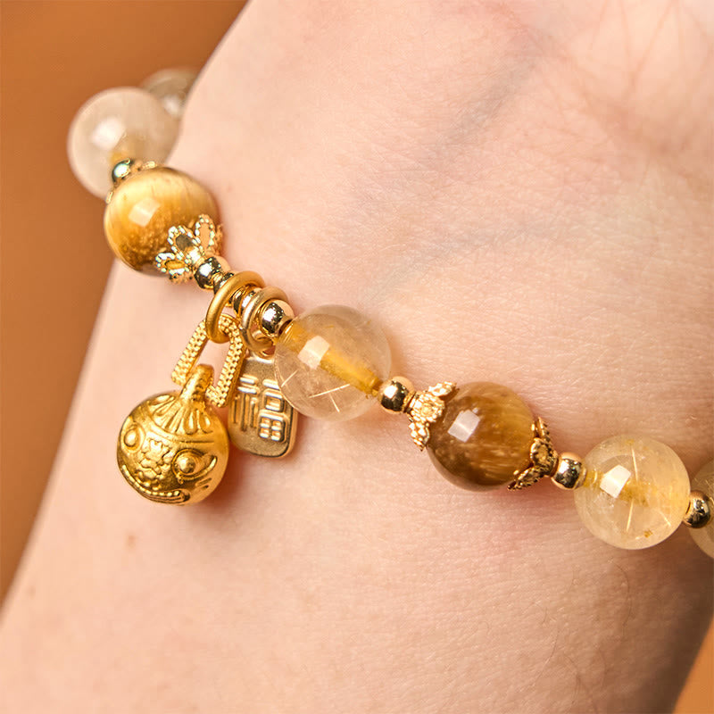 KarmaRipple's Authentic Rutilated Quartz Fu Character Metal Swallowing Beast Auspiciousness Bracelet p10