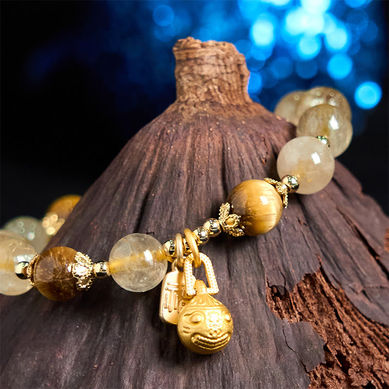 KarmaRipple's Authentic Rutilated Quartz Fu Character Metal Swallowing Beast Auspiciousness Bracelet p4