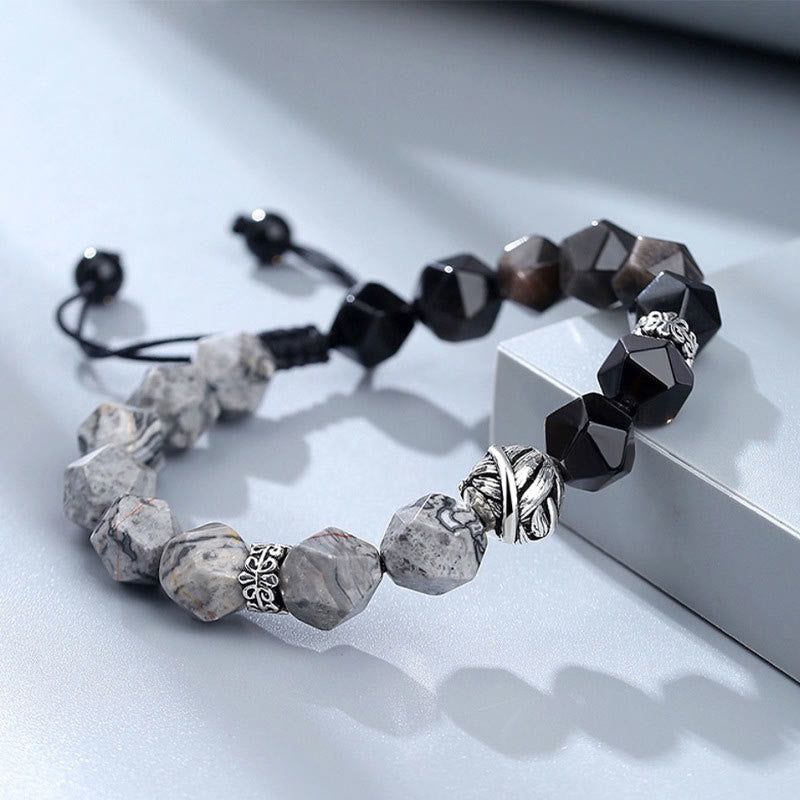KarmaRipple's Authentic Irregular Cut Obsidian Grey Jasper 925 Sterling Silver Rolled Leaf Bead Protection Bracelet p3