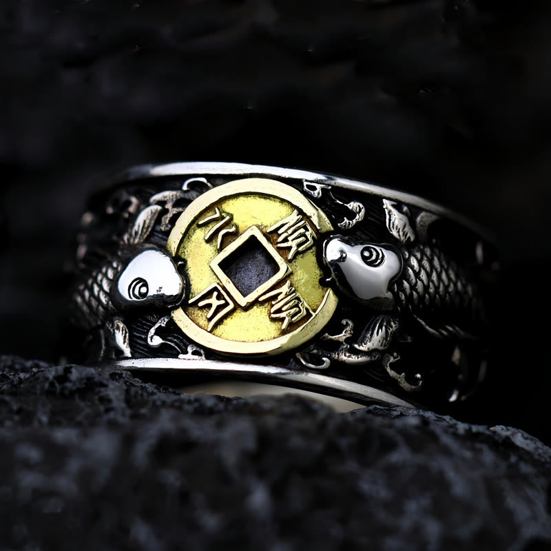 KarmaRipple's Adjustable Opening 925 Sterling Silver Fortunate Koi Fish Bronze Coin Auspicious Clouds Wealth Ring p21