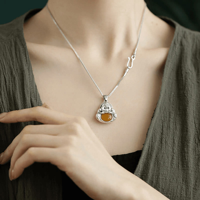 KarmaRipple's Bronze Laughing Buddha Pattern Amber Fortune Pendant Necklace p7