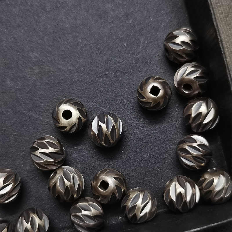 KarmaRipple's Vintage Distressed Knife Carving Pattern Bronze Brass Beadwork Wealth Bracelet p16