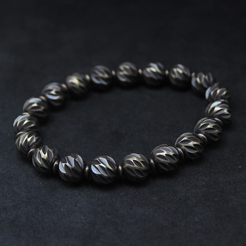 KarmaRipple's Vintage Distressed Knife Carving Pattern Bronze Brass Beadwork Wealth Bracelet p22