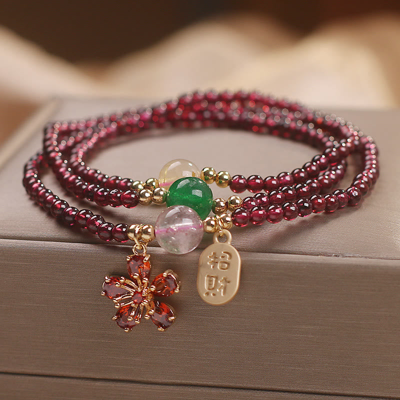 KarmaRipple's Authentic 3mm Ultra-thin Garnet Beadwork Cherry Blossom Flower Attract Fortune Protection Multilayer Bracelet p7