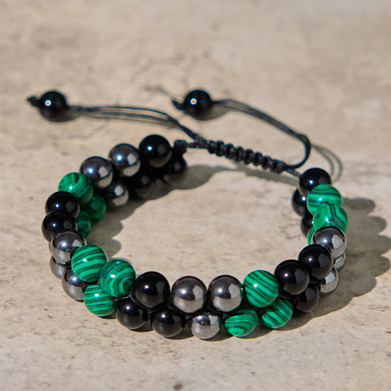 KarmaRipple's Authentic Malachite Black Magnetite Black Obsidian Double Row Beadwork Anti-Anxiety Bracelet p1
