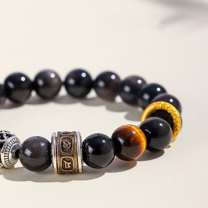 KarmaRipple's Silver Sheen Obsidian Tiger Eye Om Mani Padme Hum Protection Bracelet p5