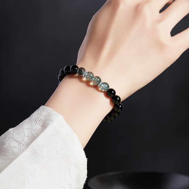 KarmaRipple's 925 Sterling Silver Black Obsidian Green Phantom Strength Bracelet p4