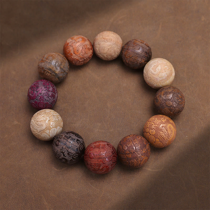 KarmaRipple's Carving Sandalwood Chinese Zodiac Auspicious Dragon Phoenix Fu Character Balancing Bracelet p5