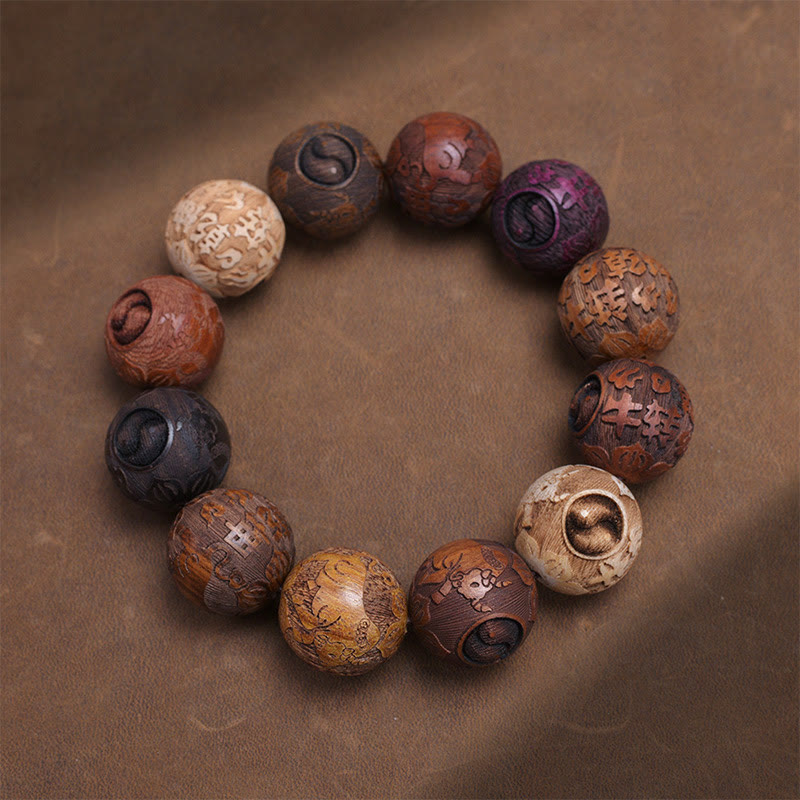 KarmaRipple's Carving Sandalwood Chinese Zodiac Auspicious Dragon Phoenix Fu Character Balancing Bracelet p28