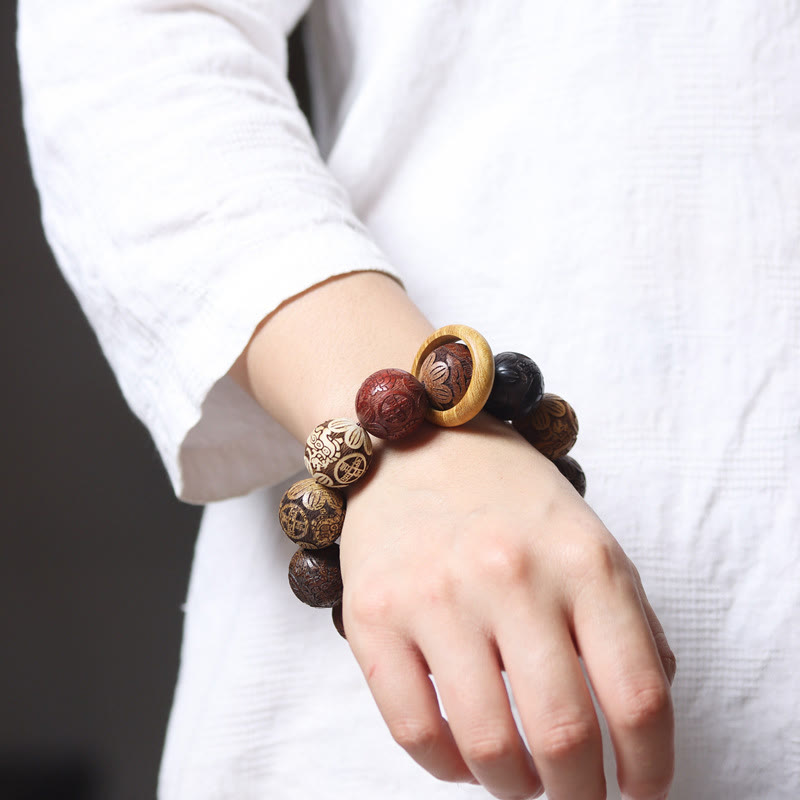 KarmaRipple's Carving Sandalwood Chinese Zodiac Auspicious Dragon Phoenix Fu Character Balancing Bracelet p25